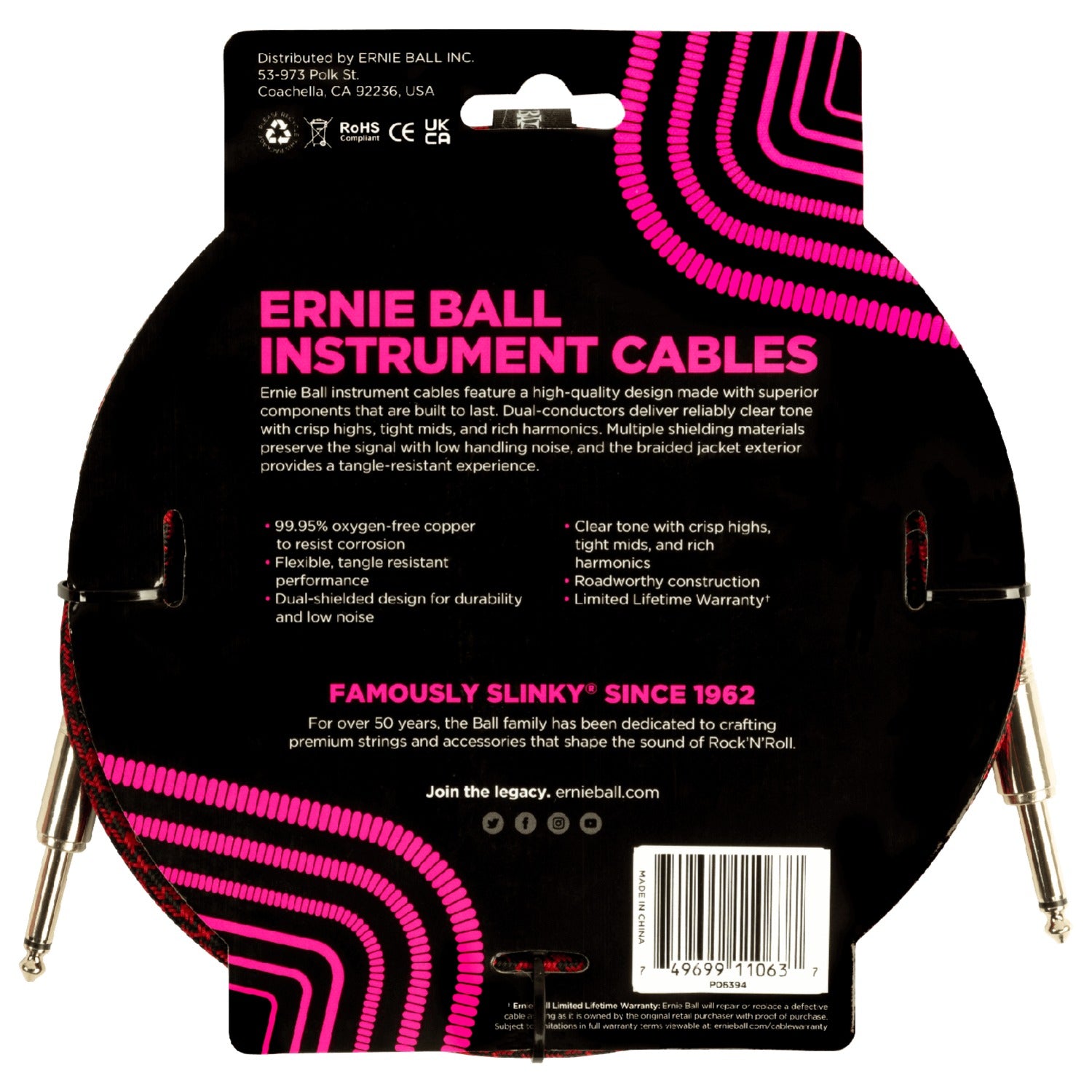 Ernie Ball Instrument Cables Ernie Ball 6394 10ft Braided Straight Instrument Cable - Red Black