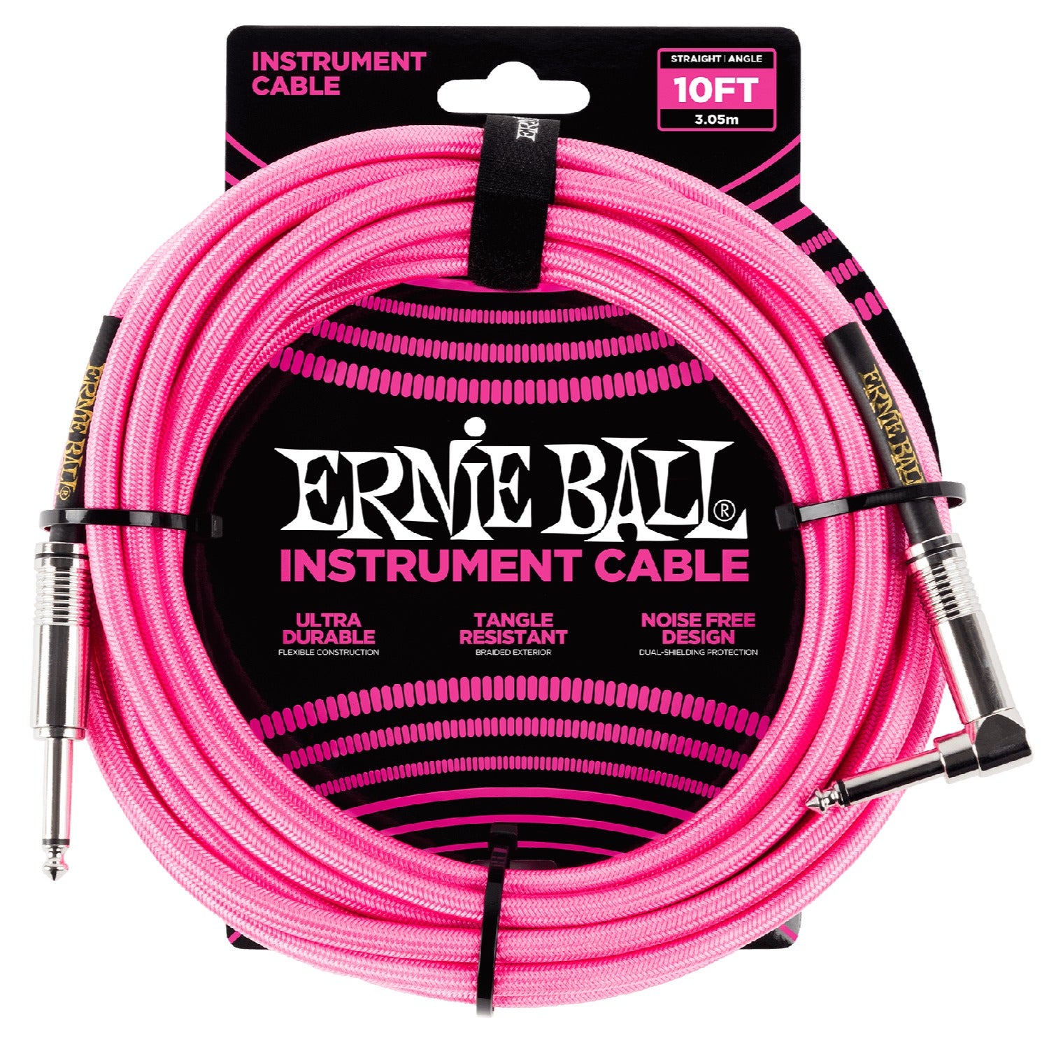 Ernie Ball Instrument Cables Neon Pink Ernie Ball 10' Braided Straight Angle Instrument Cable #color_neon-pink