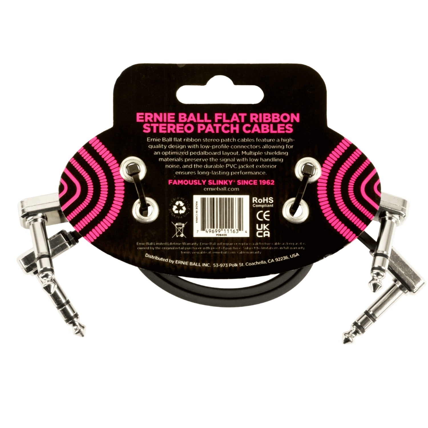 Ernie Ball Patch Cables Ernie Ball 6405 12" Flat Ribbon Stereo Patch Cable - Black - Pack of 2