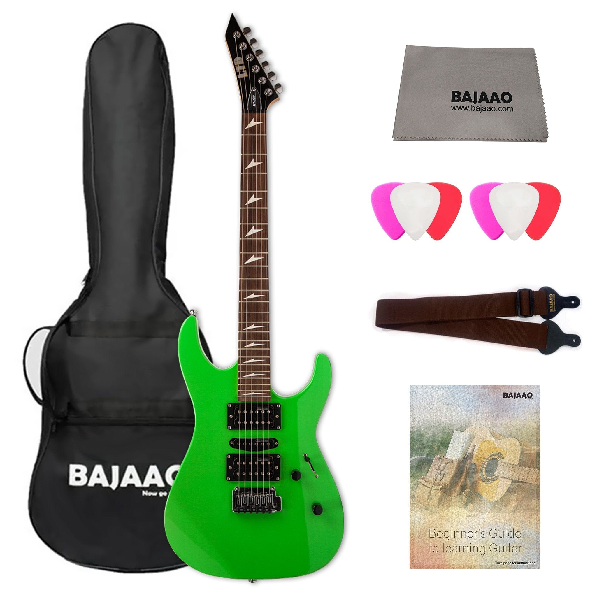 esp electric guitars bundles neon green esp ltd mt-130 6-string electric guitar with gigbag, cloth, picks, strap & ebook #color_neon-green