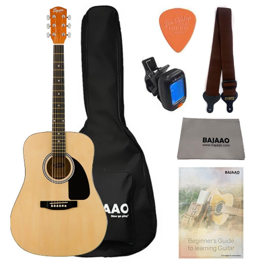 fender acoustic guitar bundles natural fender squier sa-150 dreadnought acoustic guitar bundle with gigbag, tuner, picks, strap and polishing cloth