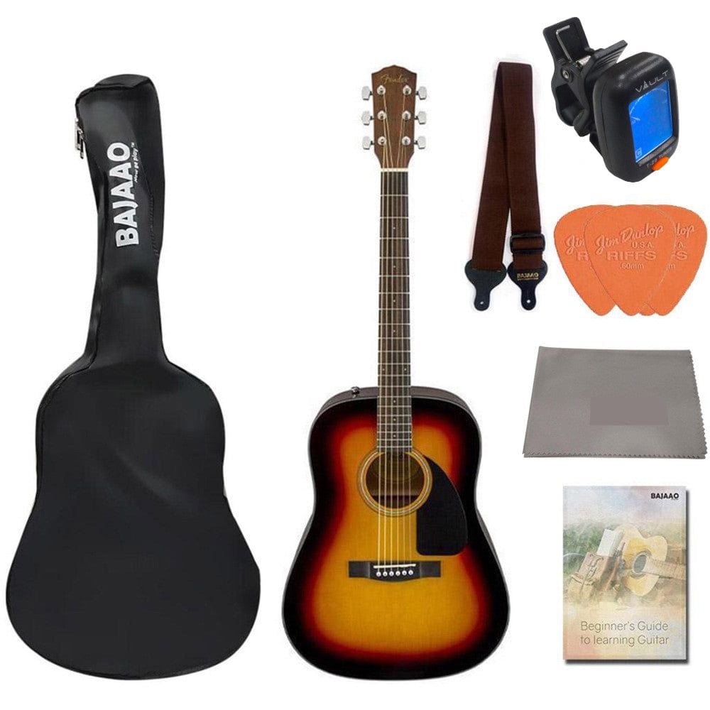 fender acoustic guitar bundles sunburst fender cd 60 dread v3 ds 6 string acoustic guitar bundle with dust cover, tuner, cloth, strap, picks & ebook#color_sunburst