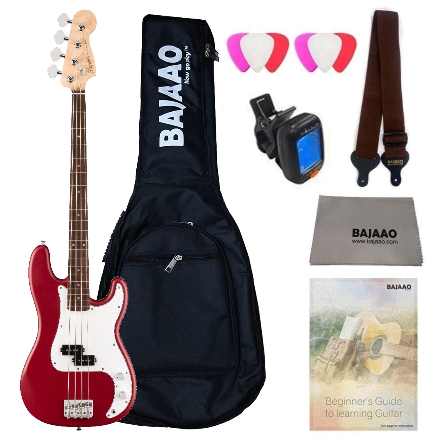 Fender Bass Guitars Dakota Red Fender Squier Debut Precision Bass Guitar with Gigbag, Polishing Cloth, Picks, Strap, Tuner & Ebook #color_dakota-red