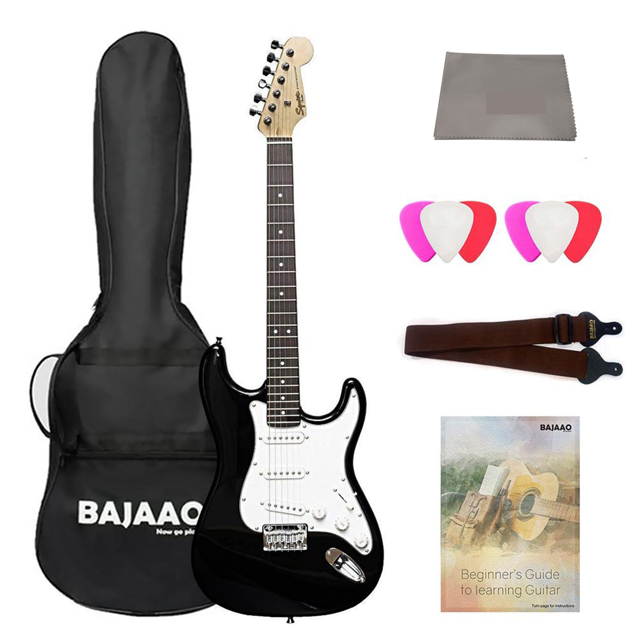 fender electric guitars bundles black fender squier mm stratocaster 6-string electric guitar - maple neck with gigbag, polishing cloth, strap, picks & ebook #color_black