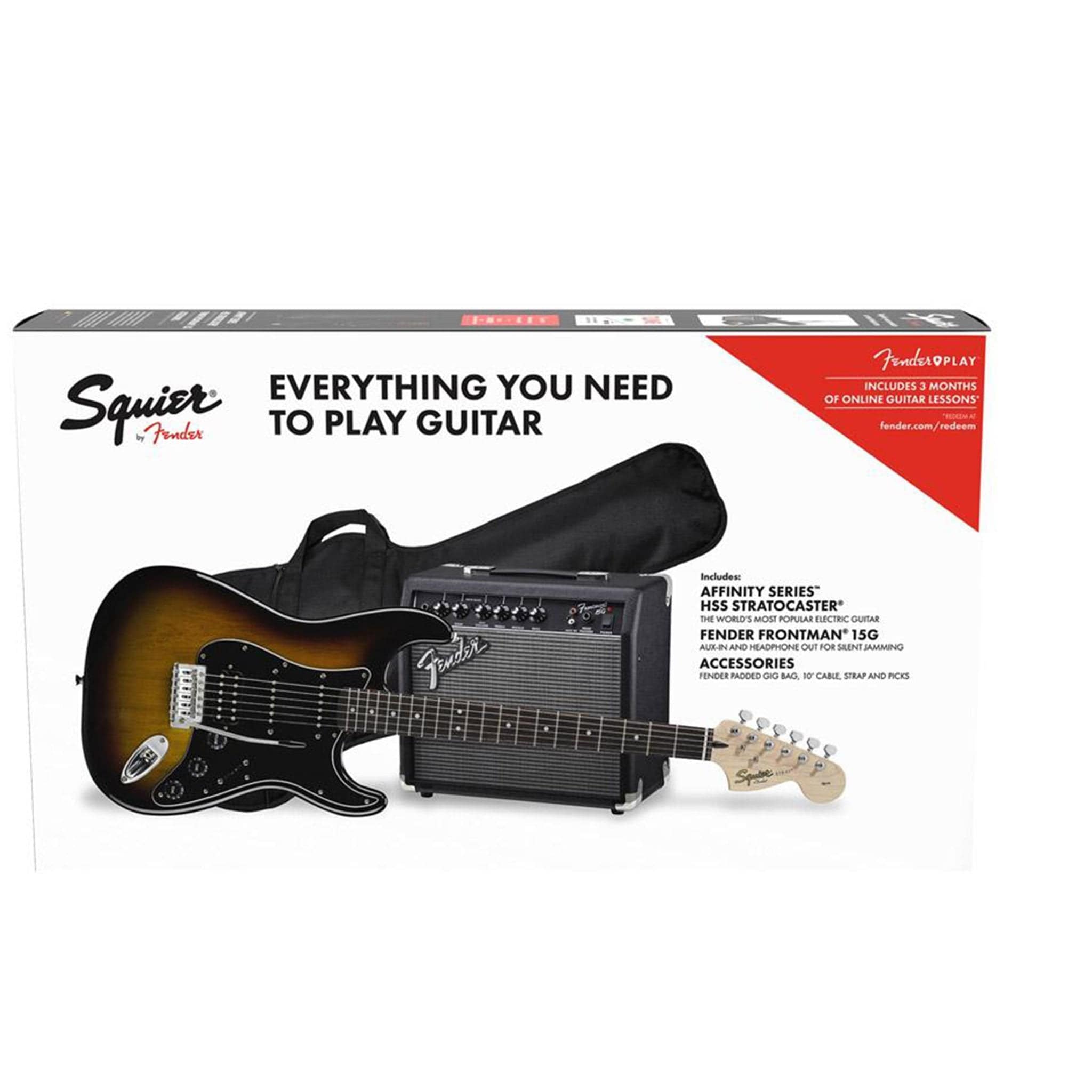 fender electric guitars bundles brown sunburst fender squier affinity series 6 string stratocaster hss electric guitar pack with gigbag & amplifier #color_brown-sunburst