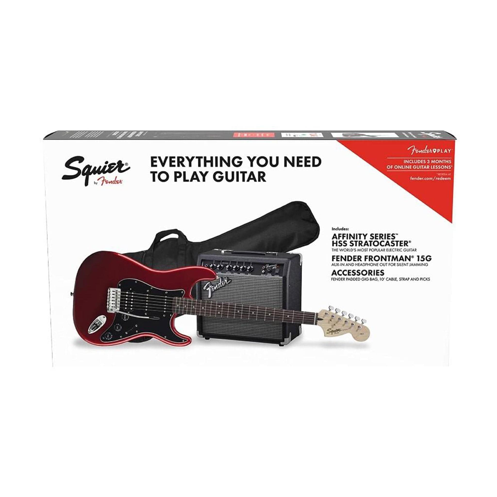 fender electric guitars bundles candy apple red fender squier affinity series 6 string stratocaster hss electric guitar pack with gigbag & amplifier #color_candy-apple-red