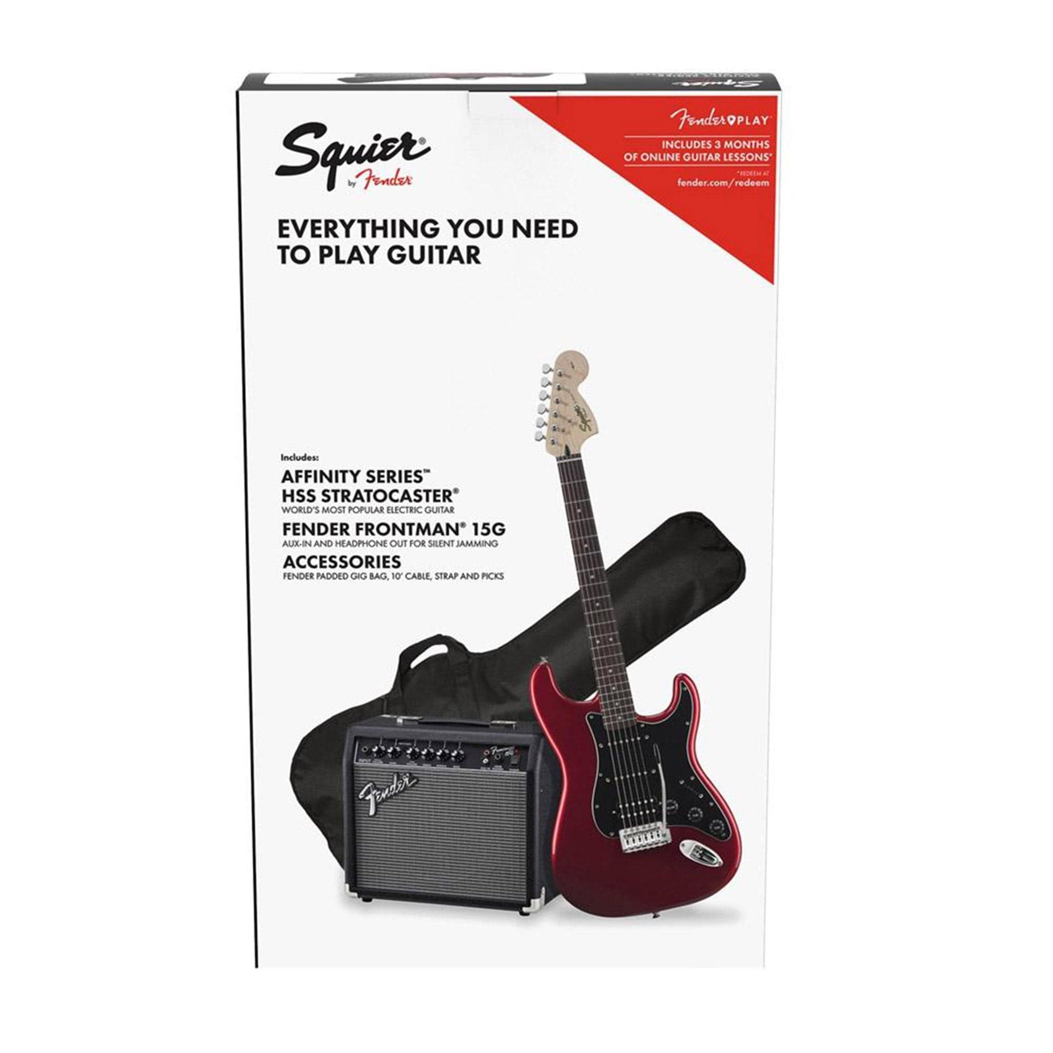 fender electric guitars bundles fender squier affinity series 6 string stratocaster hss electric guitar pack with gigbag & amplifier #color_candy-apple-red