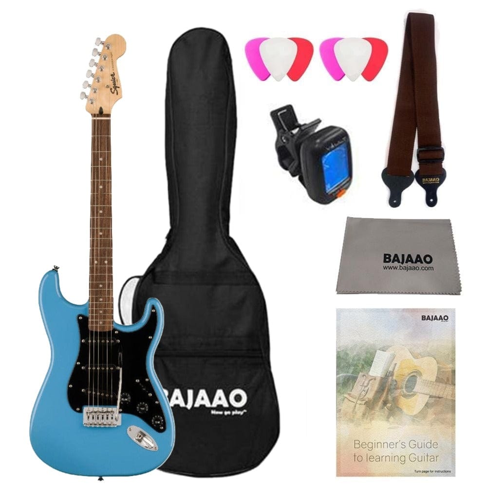 fender electric guitars bundles fender squier sonic stratocaster electric guitar bundle with gigbag, polishing cloth, picks, strap, tuner & ebook #configuration_sss,color_california-blue,fretboard_indian-laurel
