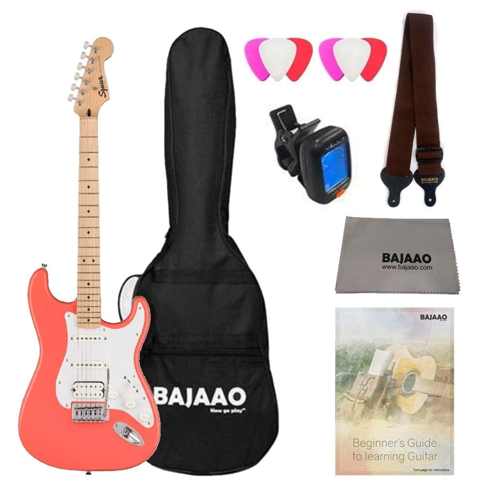 fender electric guitars bundles fender squier sonic stratocaster electric guitar bundle with gigbag, polishing cloth, picks, strap, tuner & ebook #configuration_hss,color_tahitian-coral,fretboard_maple
