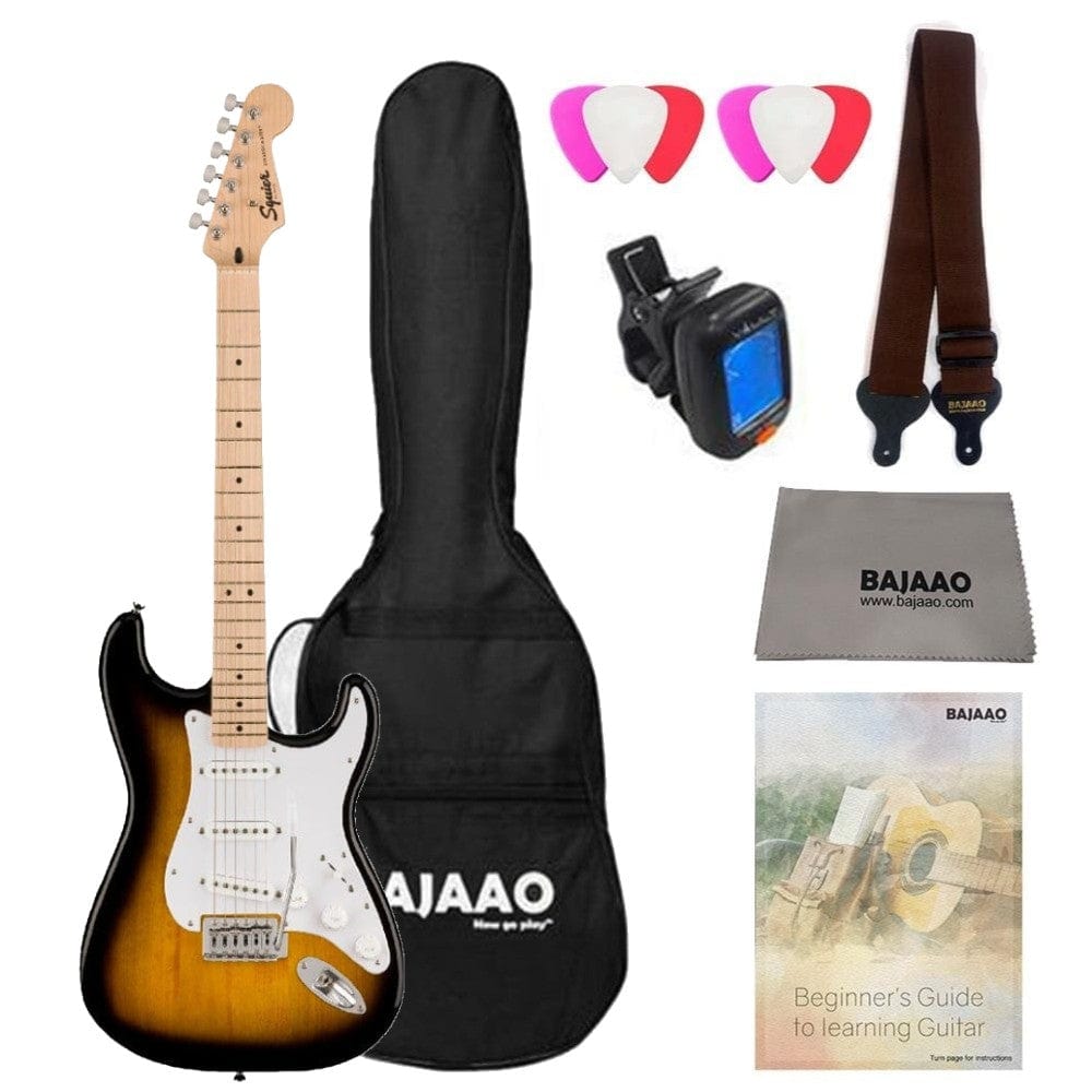 fender electric guitars bundles fender squier sonic stratocaster electric guitar bundle with gigbag, polishing cloth, picks, strap, tuner & ebook #configuration_sss,color_2-color-sunburst,fretboard_maple