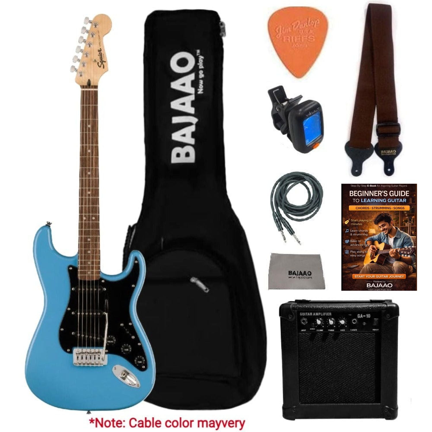 Fender Electric Guitars Bundles Fender Squier Sonic Stratocaster Electric Guitar Pro Bundle with Amplifier, Gigbag, Tuner, Strap, Picks, Cable, Polishing Cloth & Ebook#configuration_sss,color_california-blue,fretboard_indian-laurel
