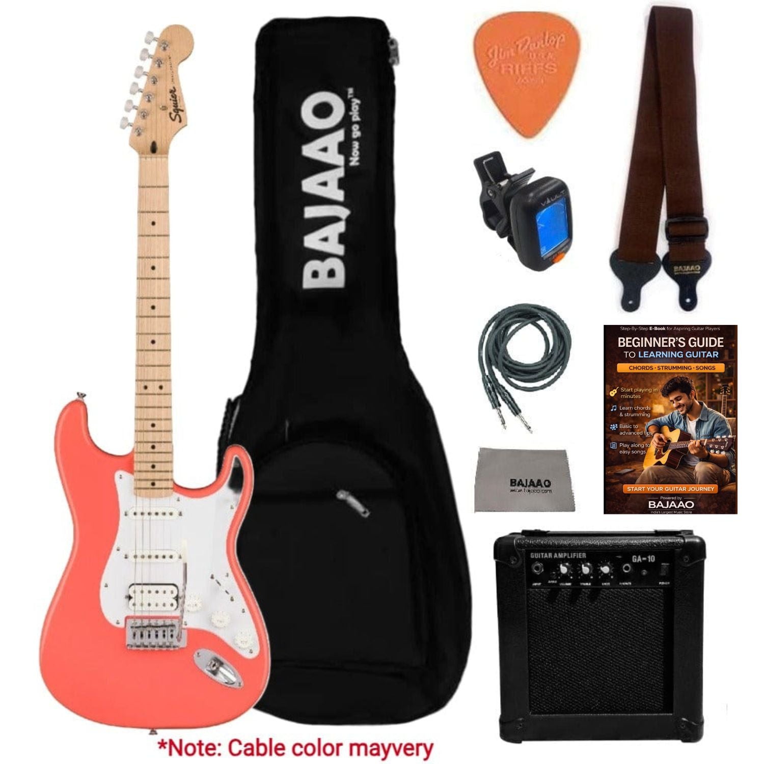 Fender Electric Guitars Bundles Fender Squier Sonic Stratocaster Electric Guitar Pro Bundle with Amplifier, Gigbag, Tuner, Strap, Picks, Cable, Polishing Cloth & Ebook#configuration_hss,color_tahitian-coral,fretboard_maple