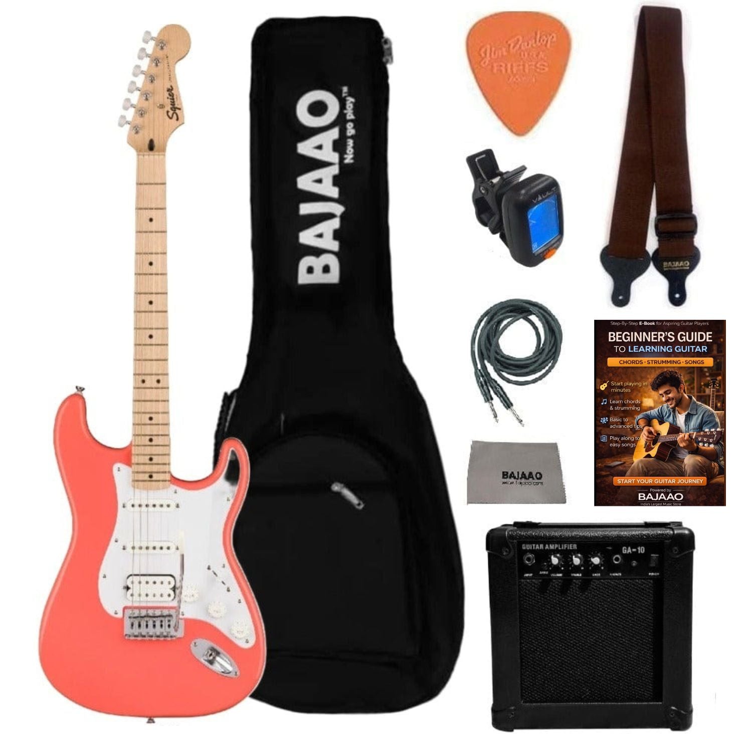 Fender Electric Guitars Bundles HSS / Tahitian Coral / Maple Fender Squier Sonic Stratocaster Electric Guitar Pro Bundle with Amplifier, Gigbag, Tuner, Strap, Picks, Cable, Polishing Cloth & Ebook#configuration_hss,color_tahitian-coral,fretboard_maple