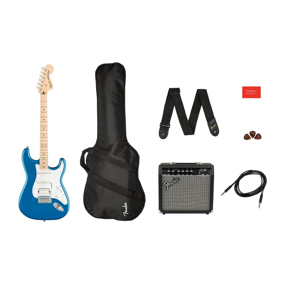 fender electric guitars bundles lake placid blue fender squier affinity series 6 string stratocaster hss electric guitar pack with gigbag & amplifier