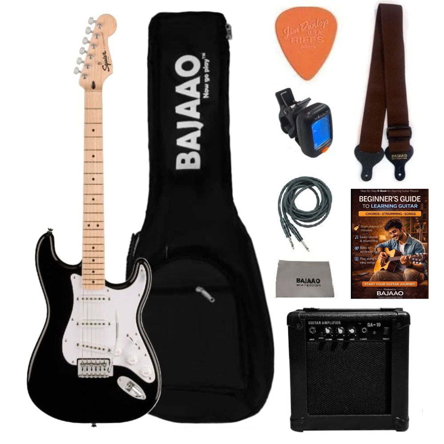 Fender Electric Guitars Bundles SSS / Black / Maple Fender Squier Sonic Stratocaster Electric Guitar Pro Bundle with Amplifier, Gigbag, Tuner, Strap, Picks, Cable, Polishing Cloth & Ebook#configuration_sss,color_black,fretboard_maple