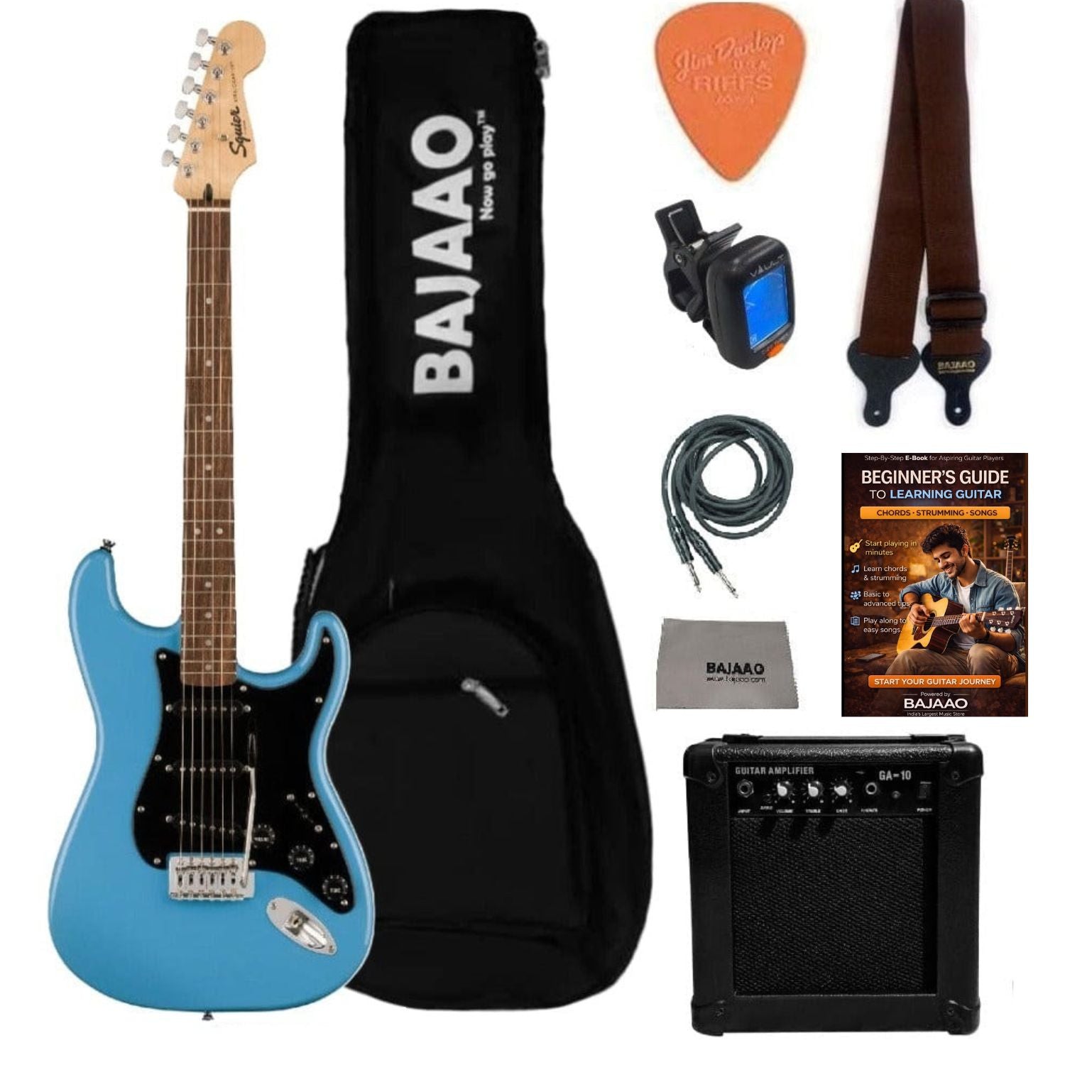 Fender Electric Guitars Bundles SSS / California Blue / Indian Laurel Fender Squier Sonic Stratocaster Electric Guitar Pro Bundle with Amplifier, Gigbag, Tuner, Strap, Picks, Cable, Polishing Cloth & Ebook#configuration_sss,color_california-blue,fretboard_indian-laurel