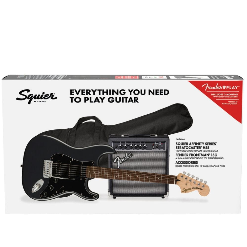 fender electric guitars fender affinity series stratocaster hss pack 6 string electric guitar - lake placid blue#color_charcoal-frost-metallic