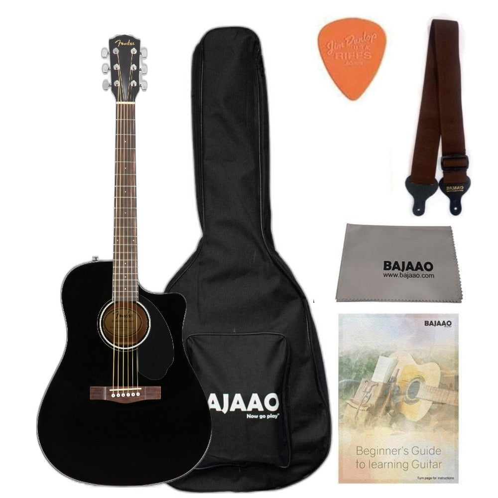 fender electro acoustic guitars black fender cd-60sce dreadnought electro-acoustic guitar bundle with gigbag, strap, polishing cloth, pick and ebook #color_black