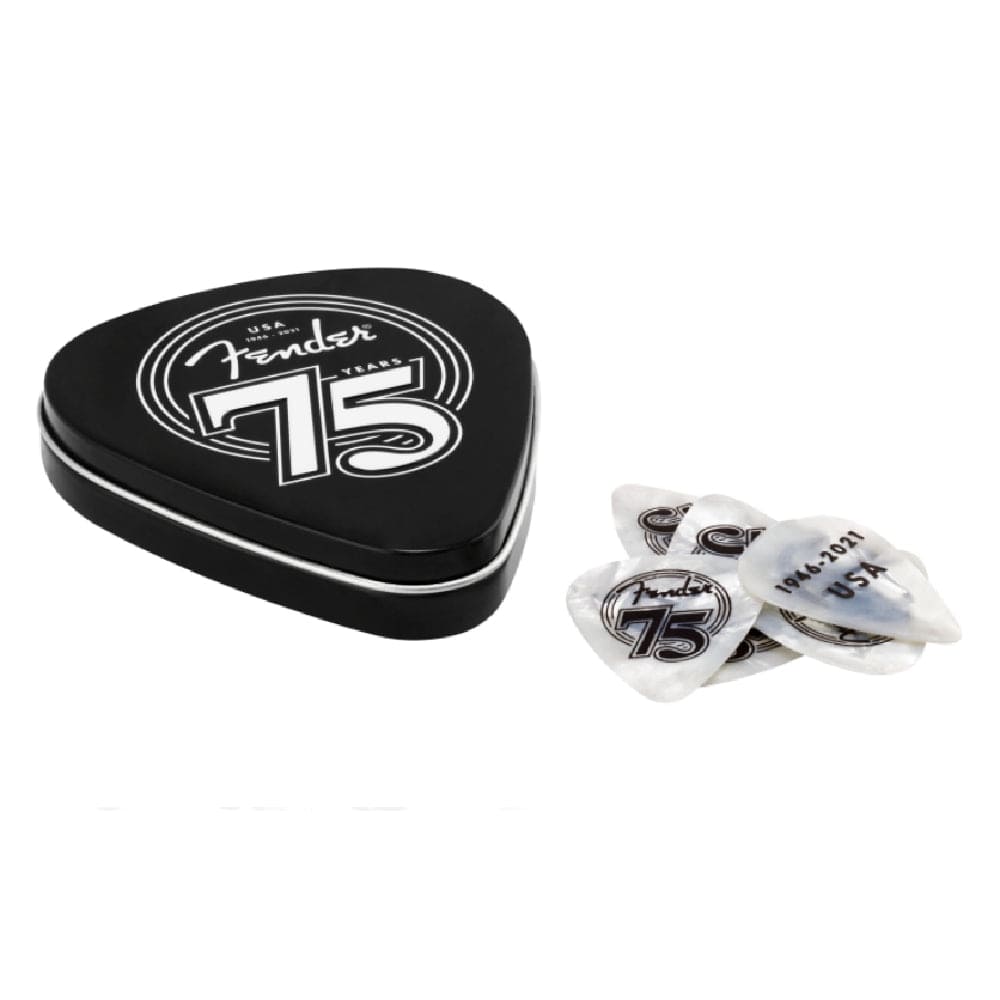 fender picks white pearl fender 75th anniversary pick tin - 18 count
