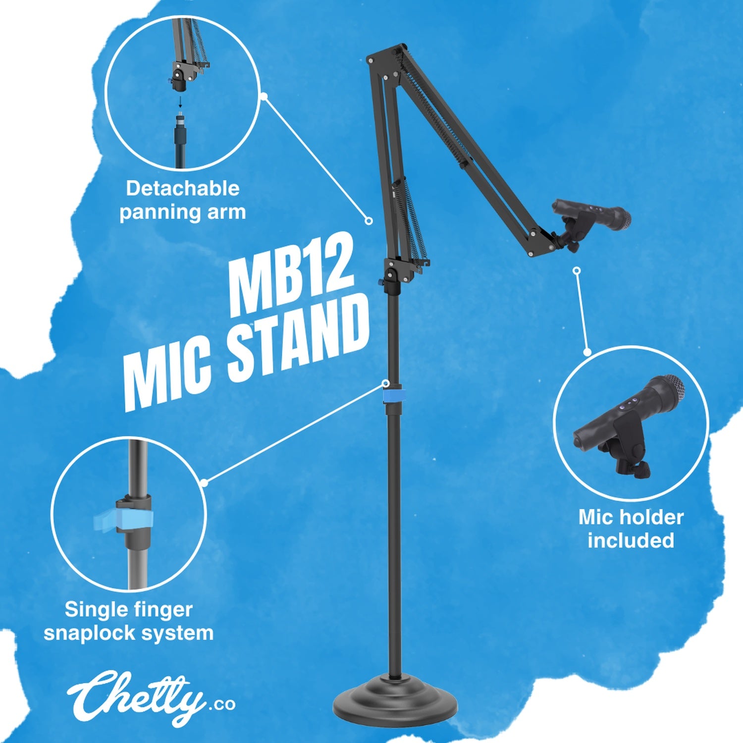 Chetty MB12 Hybrid Microphone Stand with Detachable Round Base & Telescopic Boom