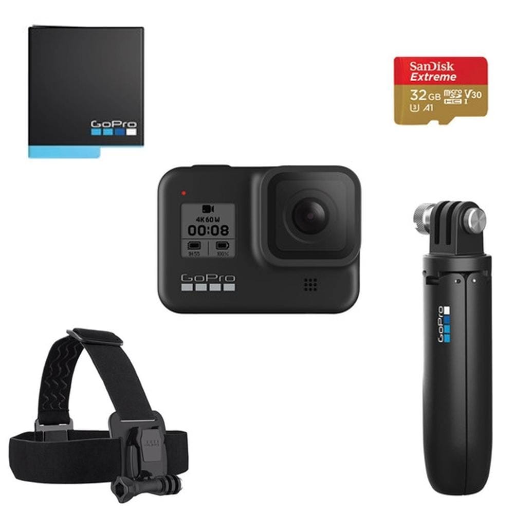 gopro action cameras gopro hero 8 black action camera holiday bundle with shorty ,sd card & rechargeable battery - 2 years warranty