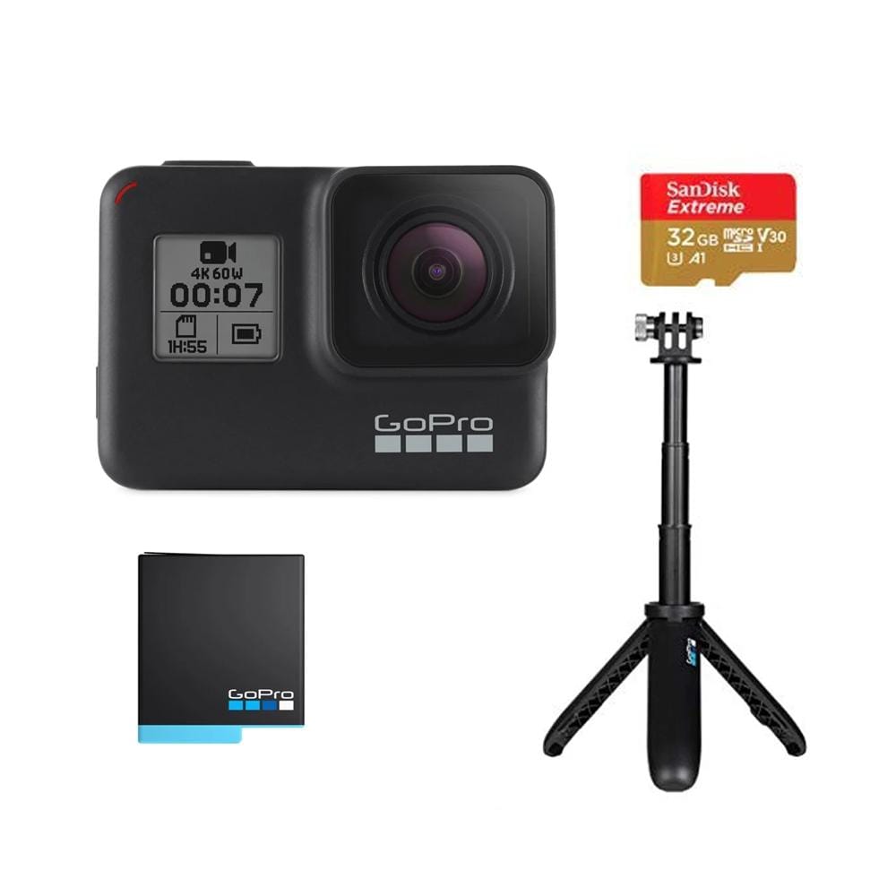 gopro action cameras gopro hero7 black holiday bundle with shorty ,sd card & rechargeable battery - 2 years warranty