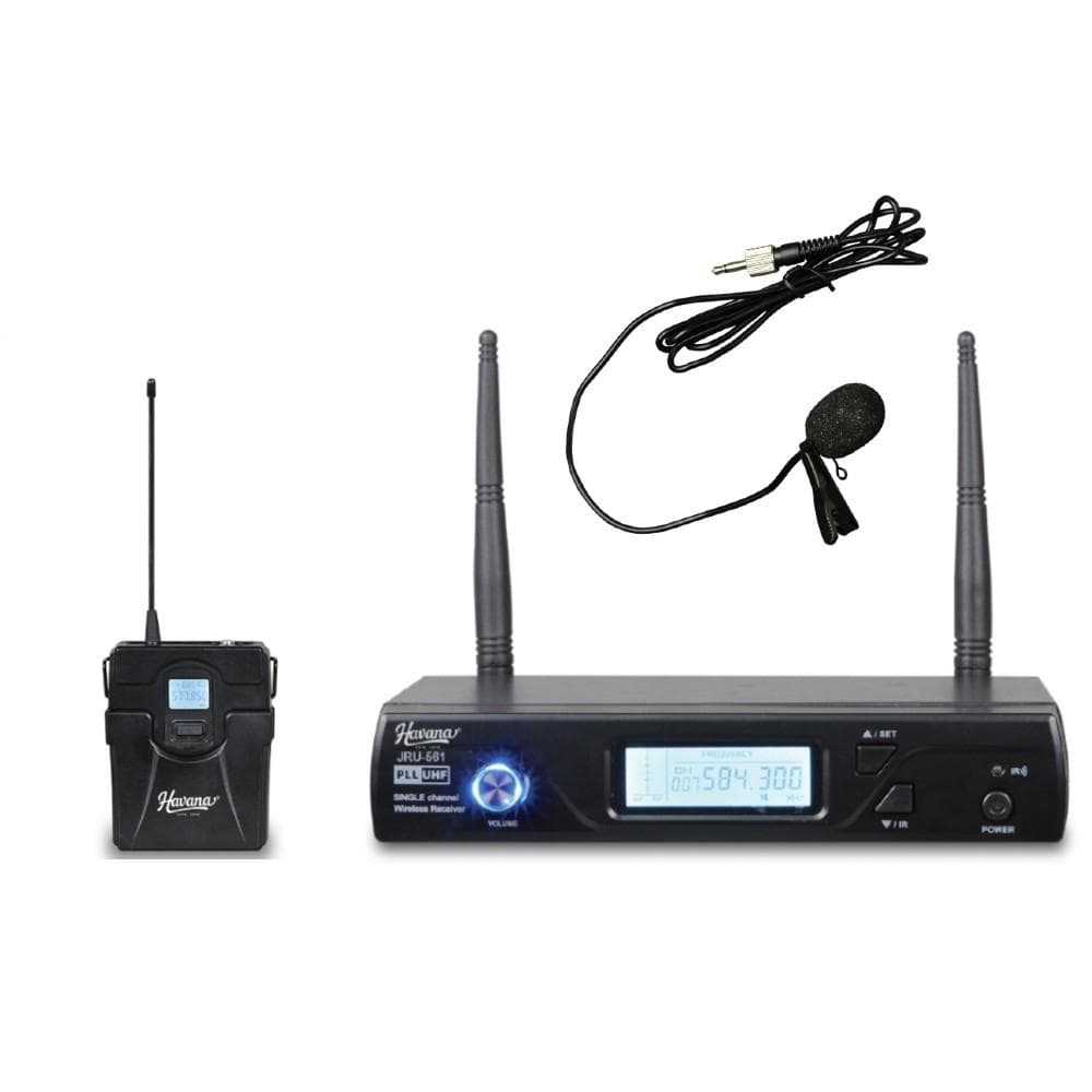havana wireless systems havana jru-561 uhf single channel wireless receiver & pt-51c body pack transmitter with lt-11a lapel wireless microphone system