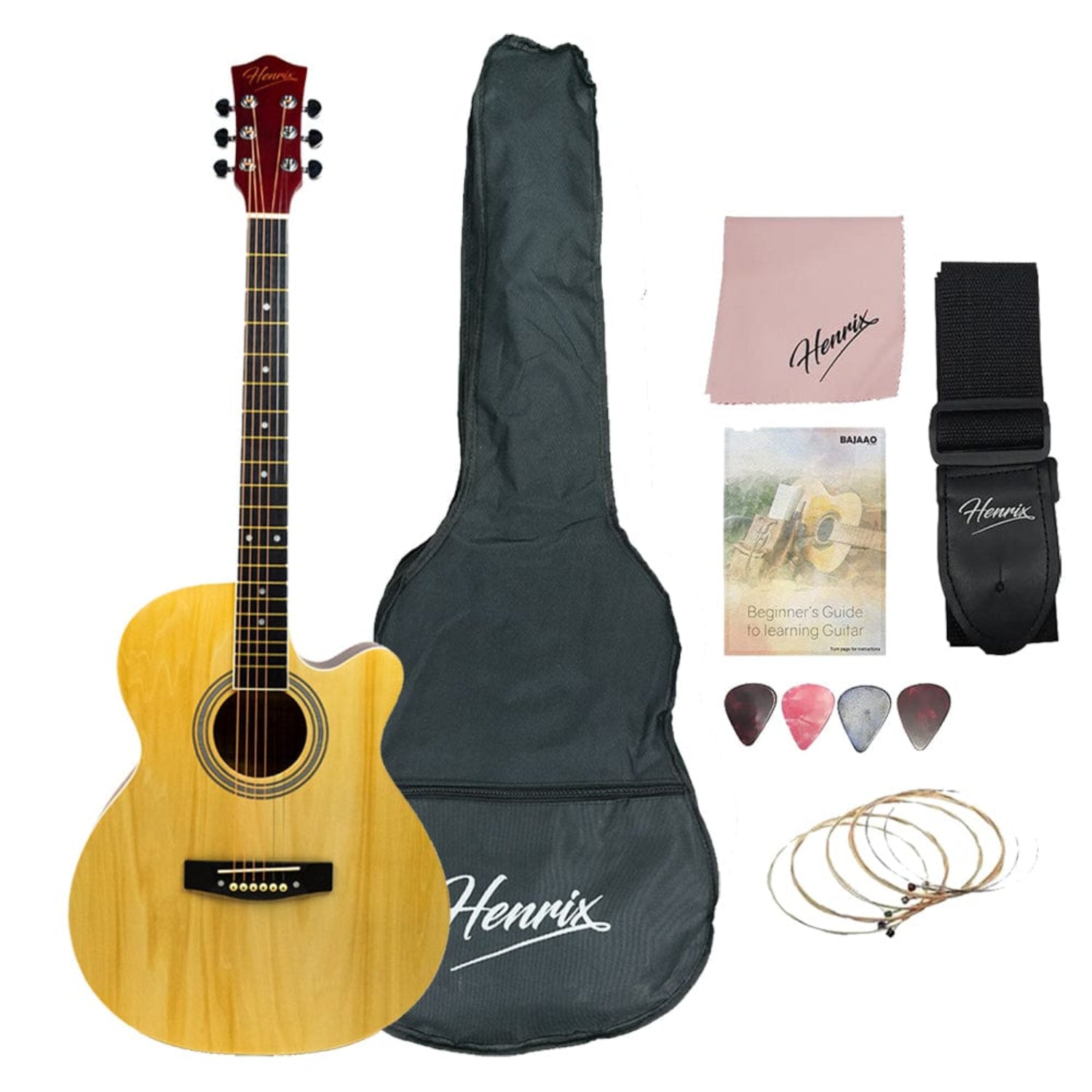 henrix acoustic guitars acoustic / natural henrix pro 40c 40-inch cutaway acoustic guitar with dual action truss rod, gigbag, picks, string set, strap, cloth & ebook #type_acoustic,color_natural