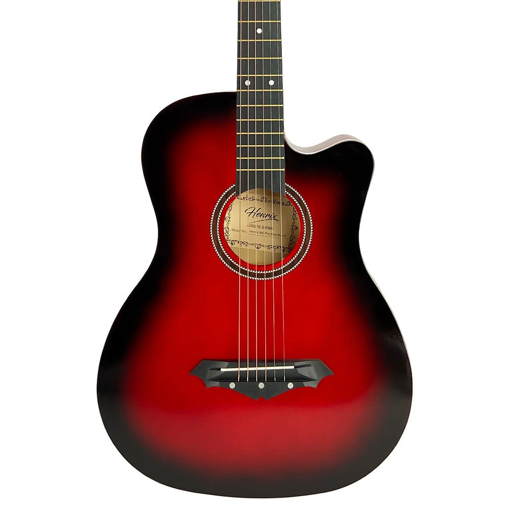 henrix acoustic guitars henrix 38c 38 inch cutaway acoustic guitar with dual action truss rod, gigbag, picks, string set, strap, cloth & ebook #model_pro,color_red-burst,orientation_right-handed