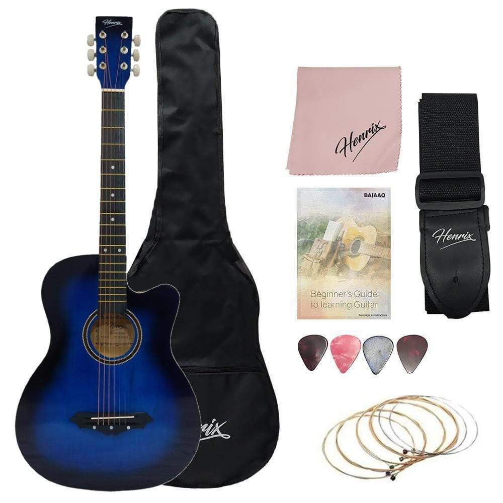 henrix acoustic guitars henrix 38c 38 inch cutaway acoustic guitar with dual action truss rod, gigbag, picks, string set, strap, cloth & ebook - open box