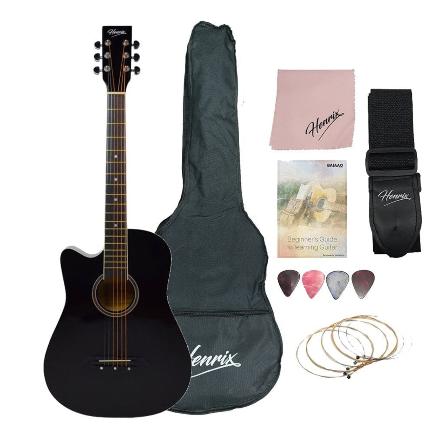 henrix acoustic guitars pro / black / left handed henrix 38c 38 inch cutaway acoustic guitar with dual action truss rod, gigbag, picks, string set, strap, cloth & ebook #model_pro,color_black,orientation_left-handed
