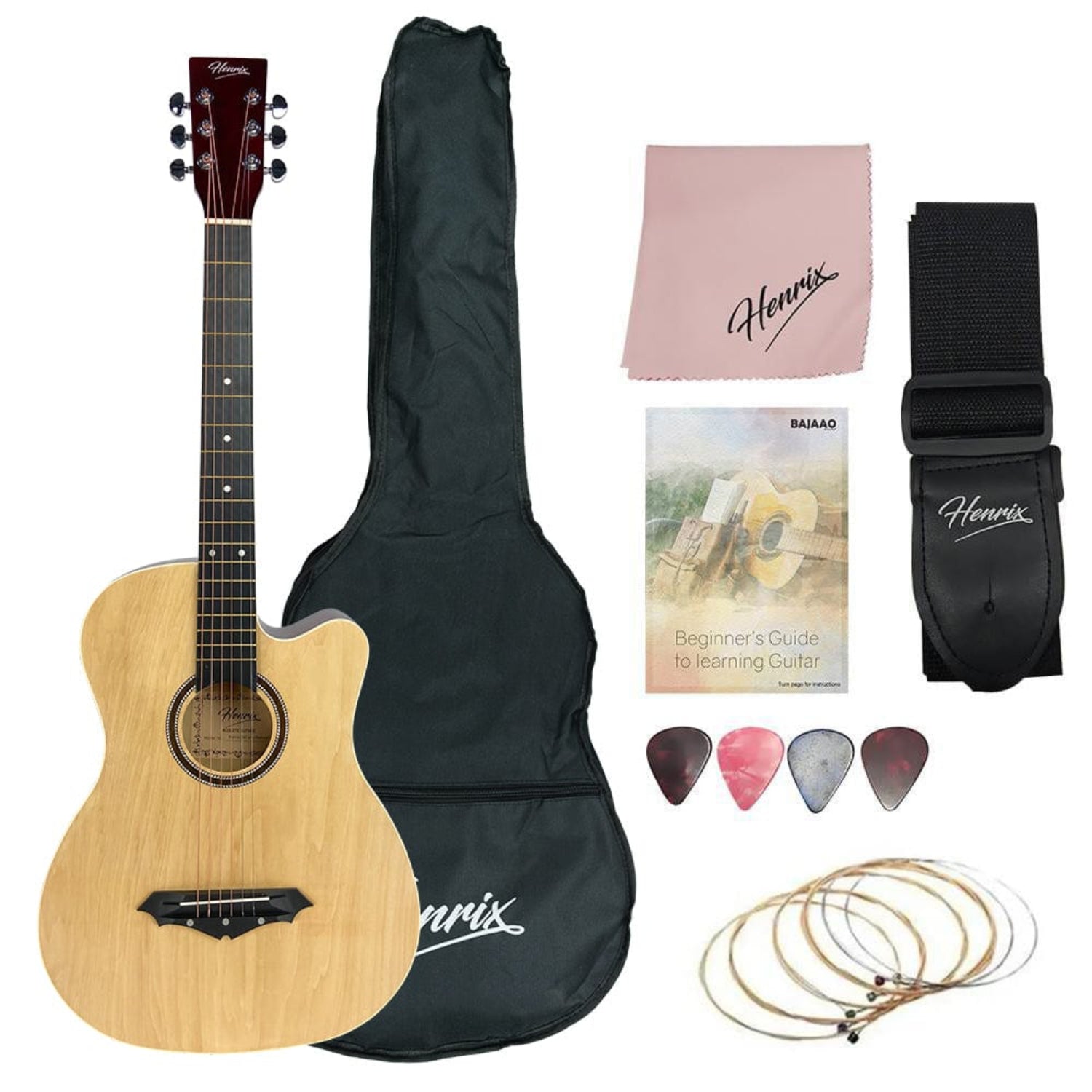 henrix acoustic guitars pro / natural / right handed henrix 38c 38 inch cutaway acoustic guitar with dual action truss rod, gigbag, picks, string set, strap, cloth & ebook