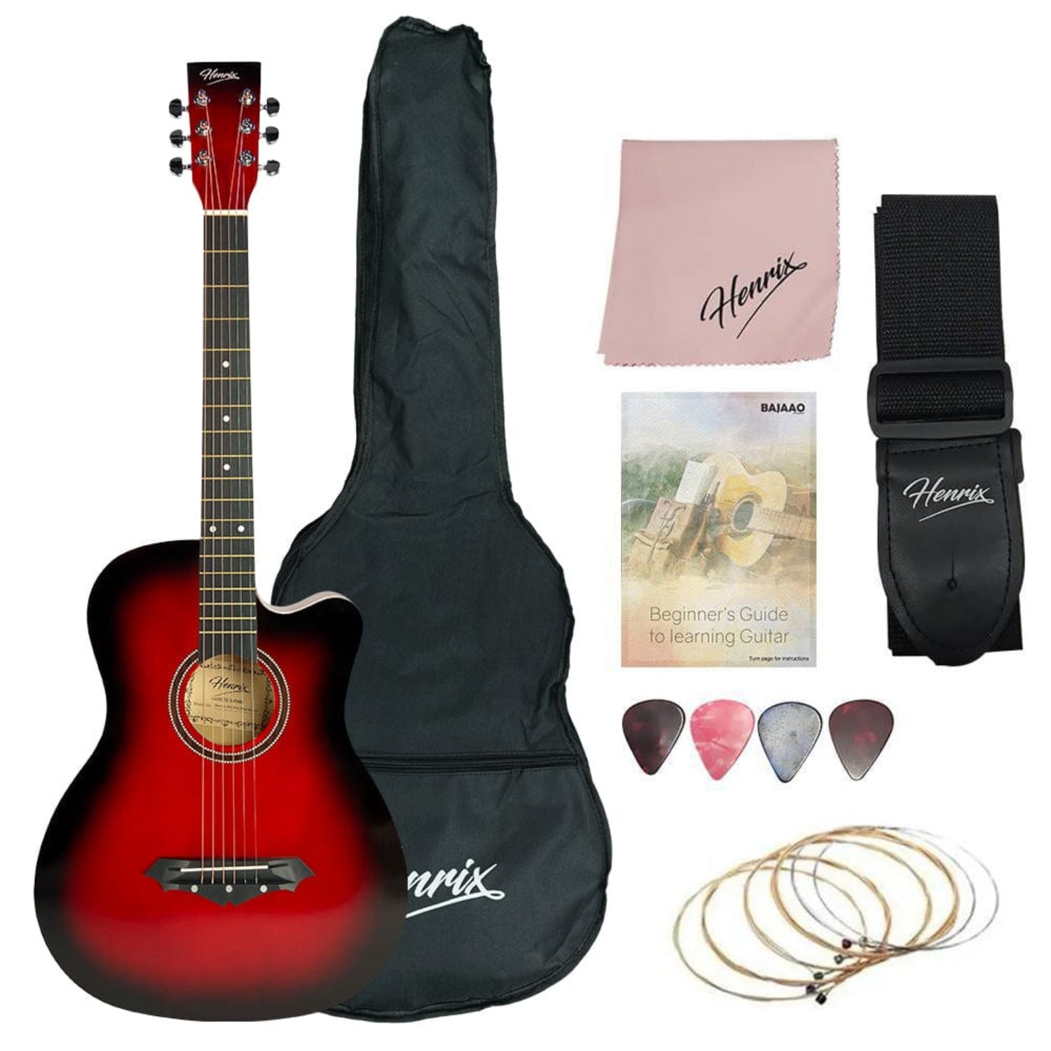 henrix acoustic guitars pro / red burst / right handed henrix 38c 38 inch cutaway acoustic guitar with dual action truss rod, gigbag, picks, string set, strap, cloth & ebook