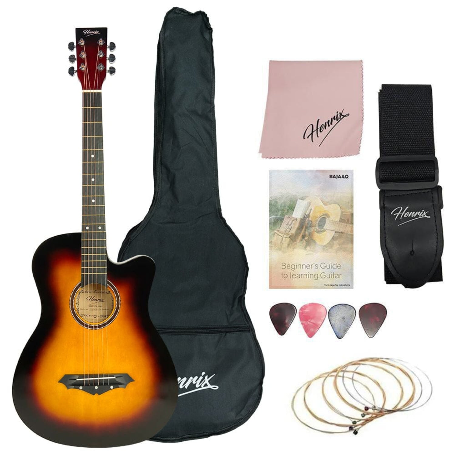 henrix acoustic guitars pro / sunburst / right handed henrix 38c 38 inch cutaway acoustic guitar with dual action truss rod, gigbag, picks, string set, strap, cloth & ebook