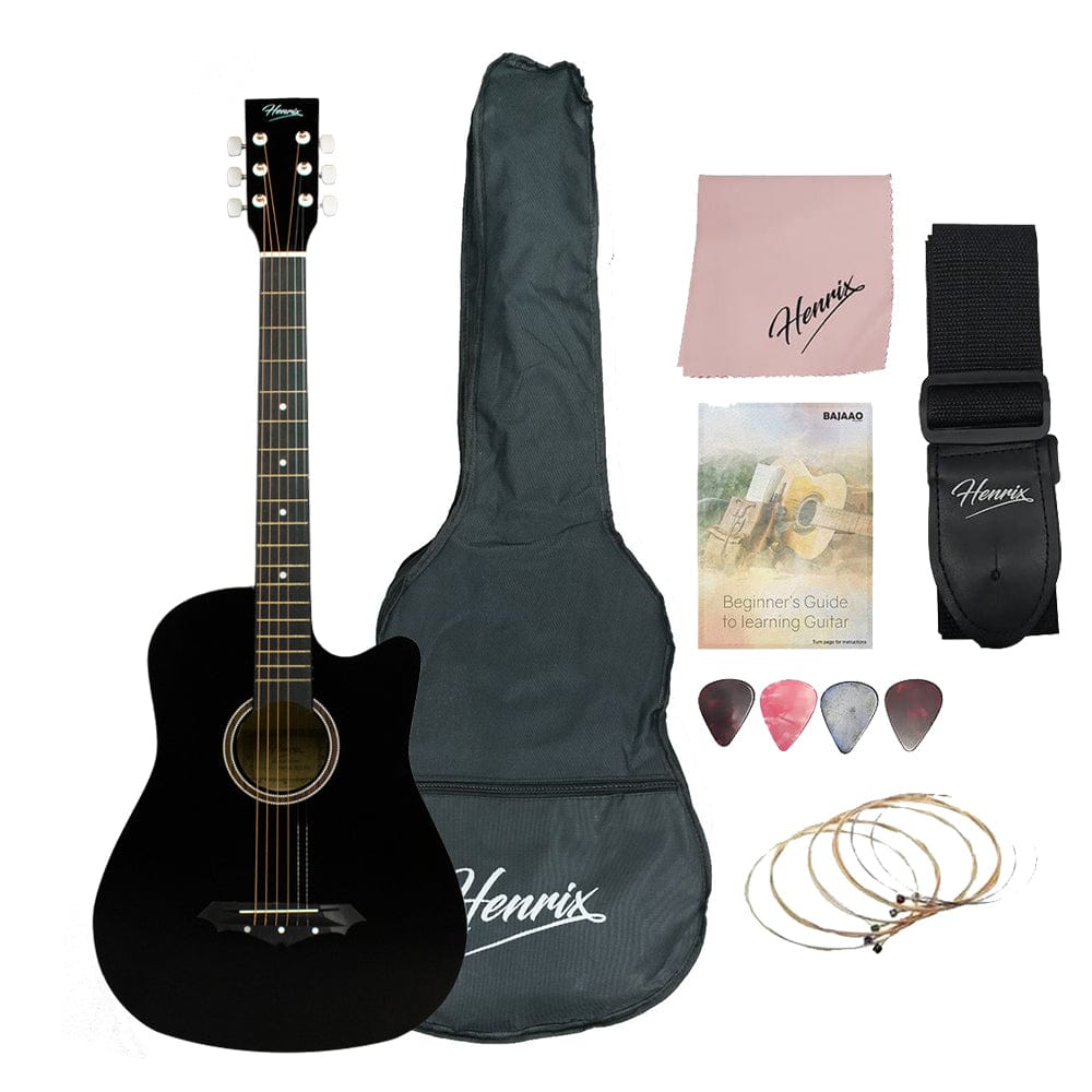 henrix acoustic guitars henrix 38c 38 inch cutaway acoustic guitar with dual action truss rod, gigbag, picks, string set, strap, cloth & ebook #model_standard,color_black,orientation_right-handed