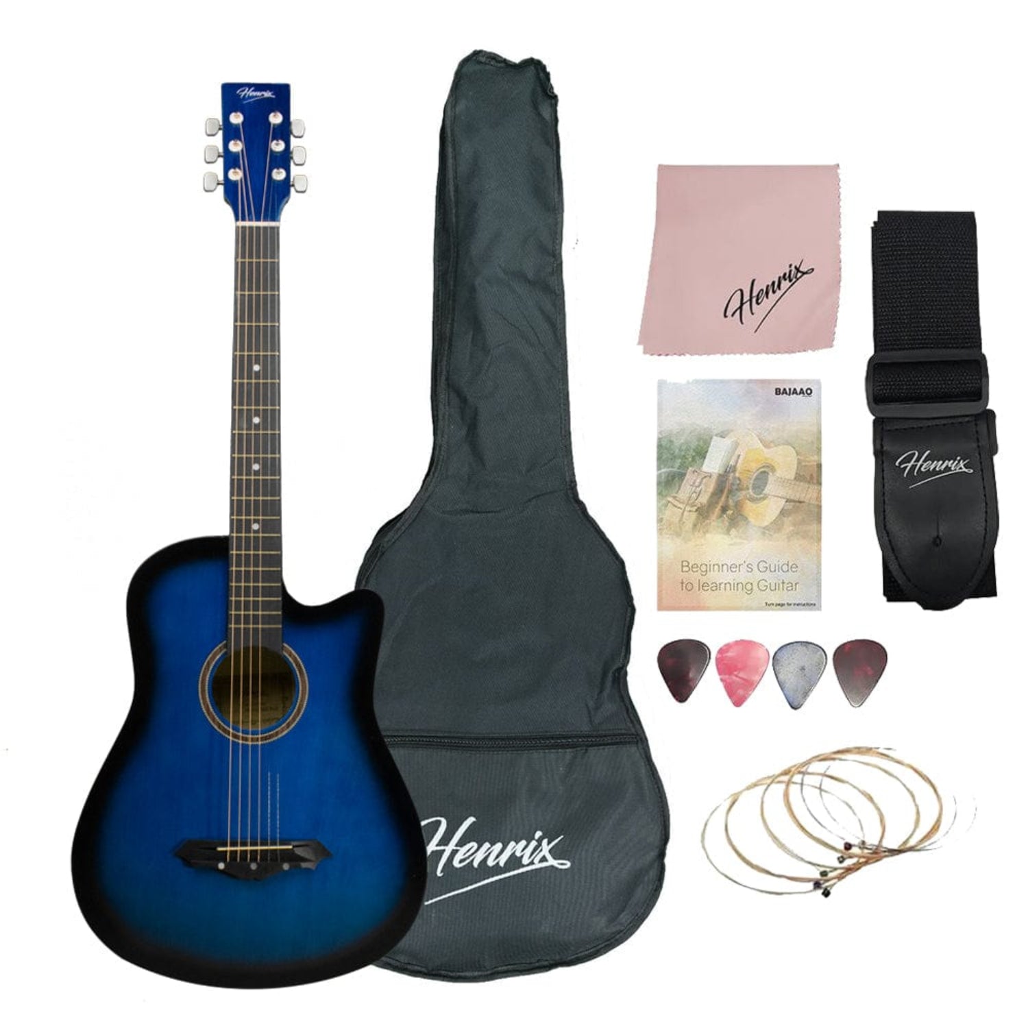 henrix acoustic guitars standard / blue burst / right handed henrix 38c 38 inch cutaway acoustic guitar with dual action truss rod, gigbag, picks, string set, strap, cloth & ebook #model_standard,color_blue-burst,orientation_right-handed