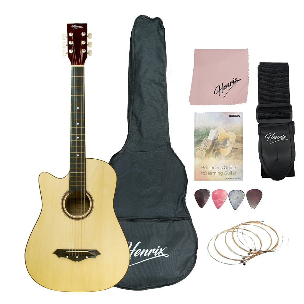 henrix acoustic guitars standard / natural / left handed henrix 38c 38 inch cutaway acoustic guitar with dual action truss rod, gigbag, picks, string set, strap, cloth & ebook