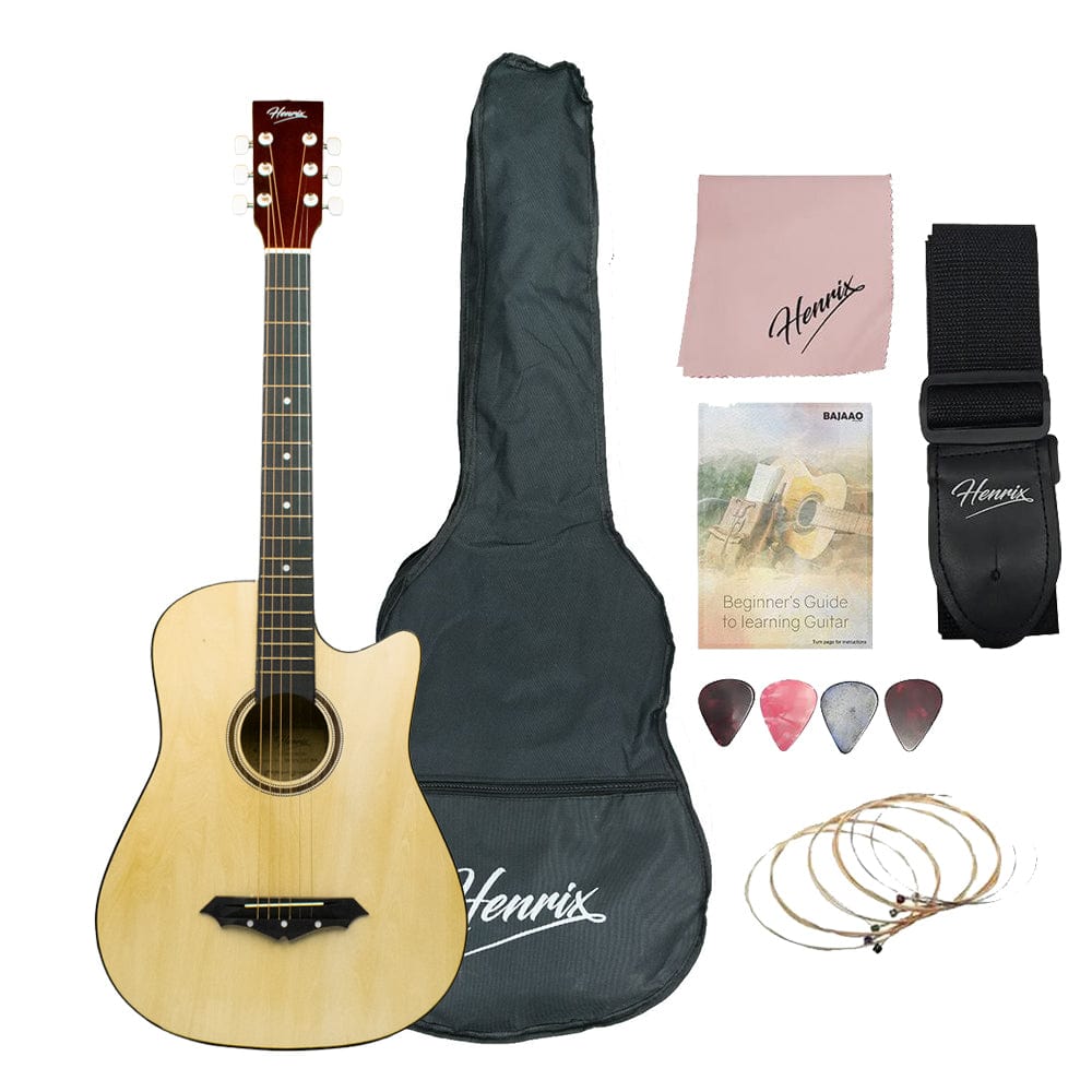 Henrix Acoustic Guitars Standard / Natural / Right Handed Henrix 38C 38 Inch Cutaway Acoustic Guitar with Dual Action Truss Rod, Gigbag, Picks, String Set, Strap, Cloth & Ebook