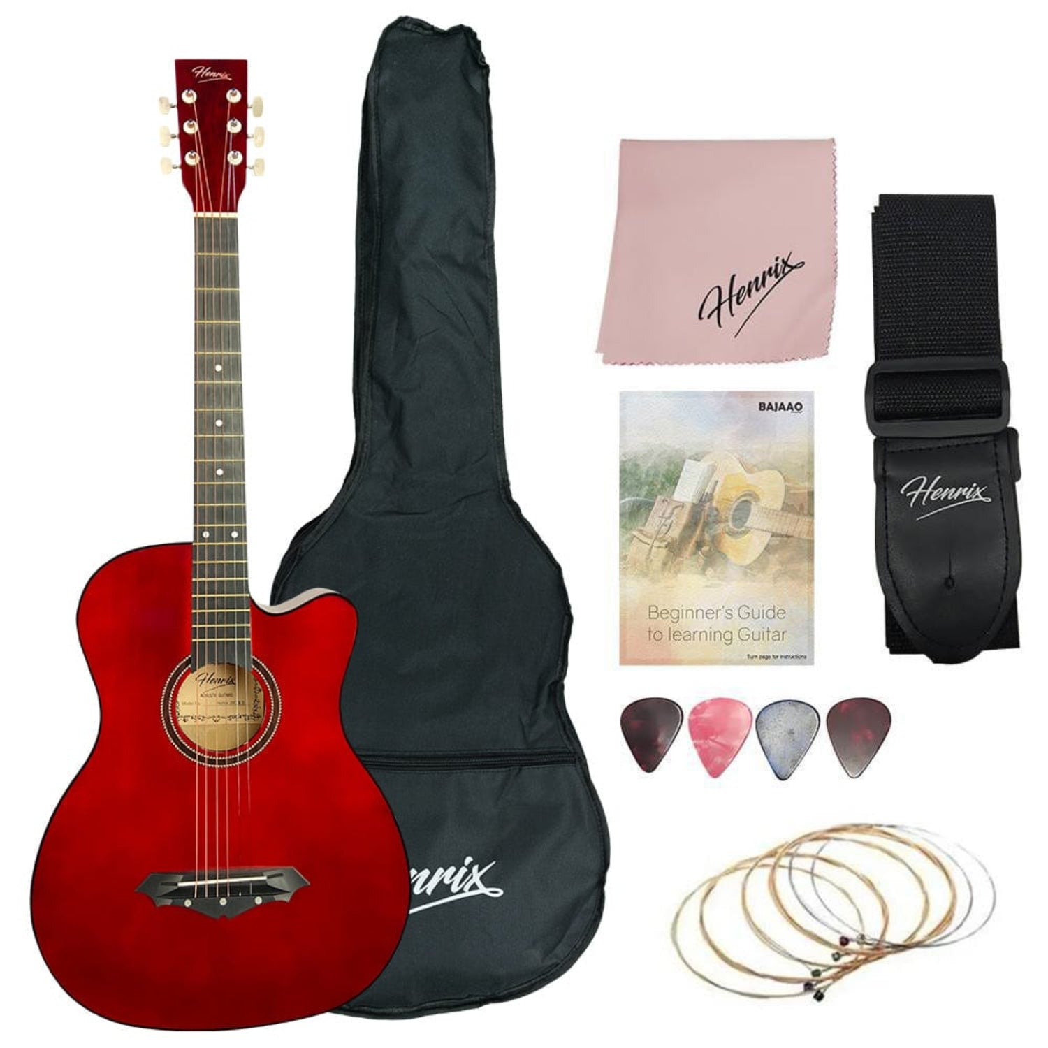 henrix acoustic guitars standard / red / right handed henrix 38c 38 inch cutaway acoustic guitar with dual action truss rod, gigbag, picks, string set, strap, cloth & ebook
