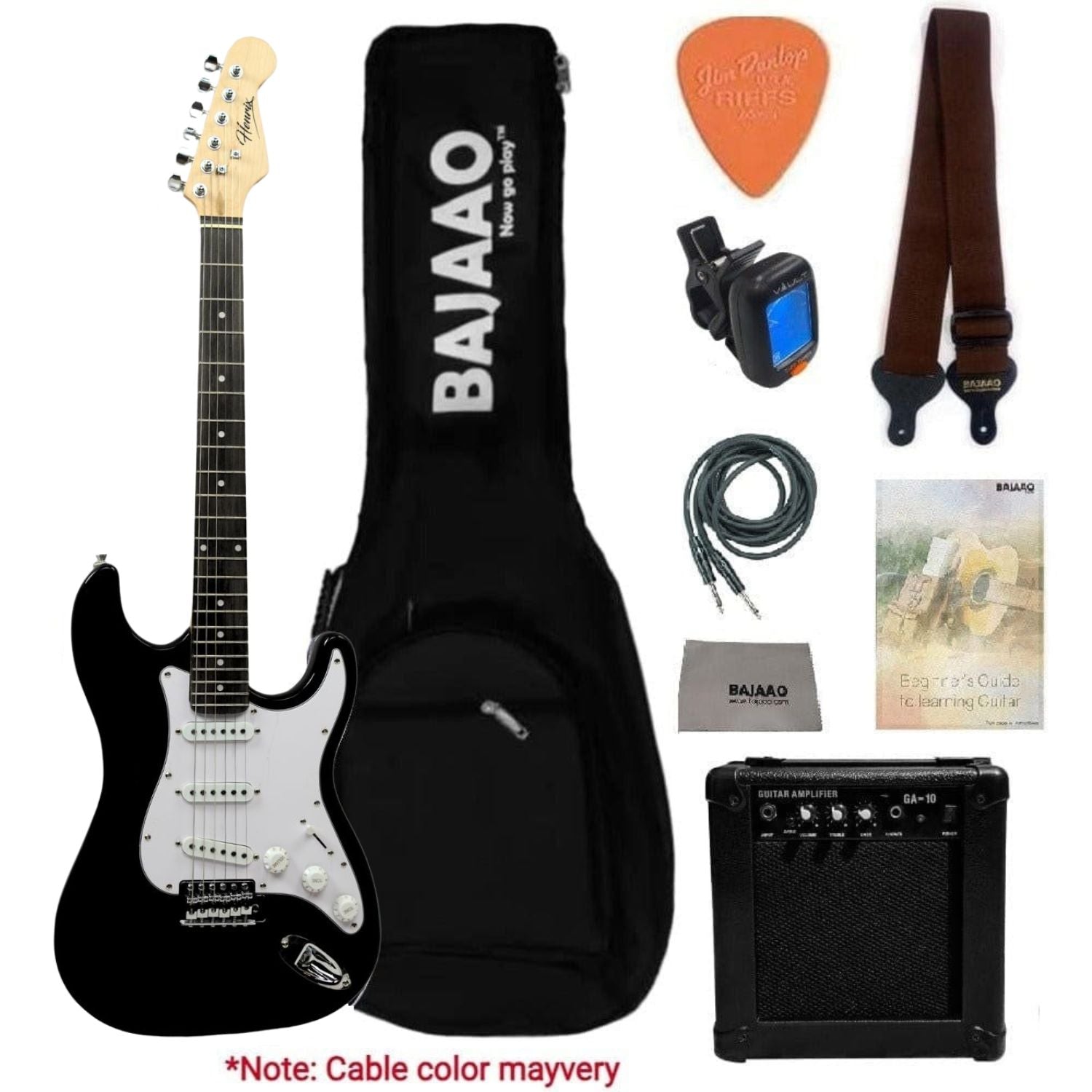 Henrix Electric Guitars Black Henrix ST 6 String Strat Style Electric Guitar with Amplifier, Gigbag, Tuner, Strap, Picks, Polishing Cloth, Cable & E-Book