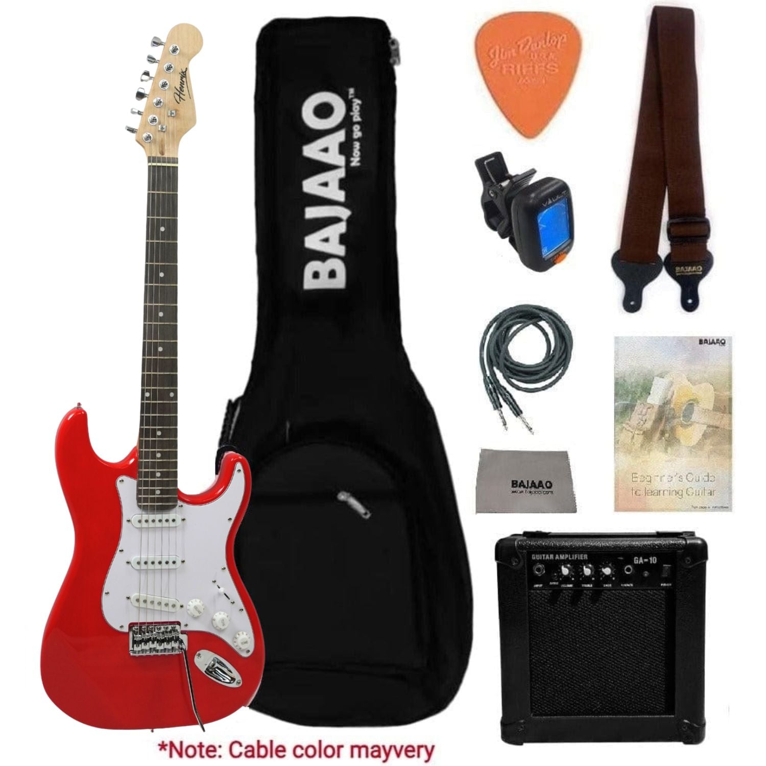 Henrix Electric Guitars Red Henrix ST 6 String Strat Style Electric Guitar with Amplifier, Gigbag, Tuner, Strap, Picks, Polishing Cloth, Cable & E-Book