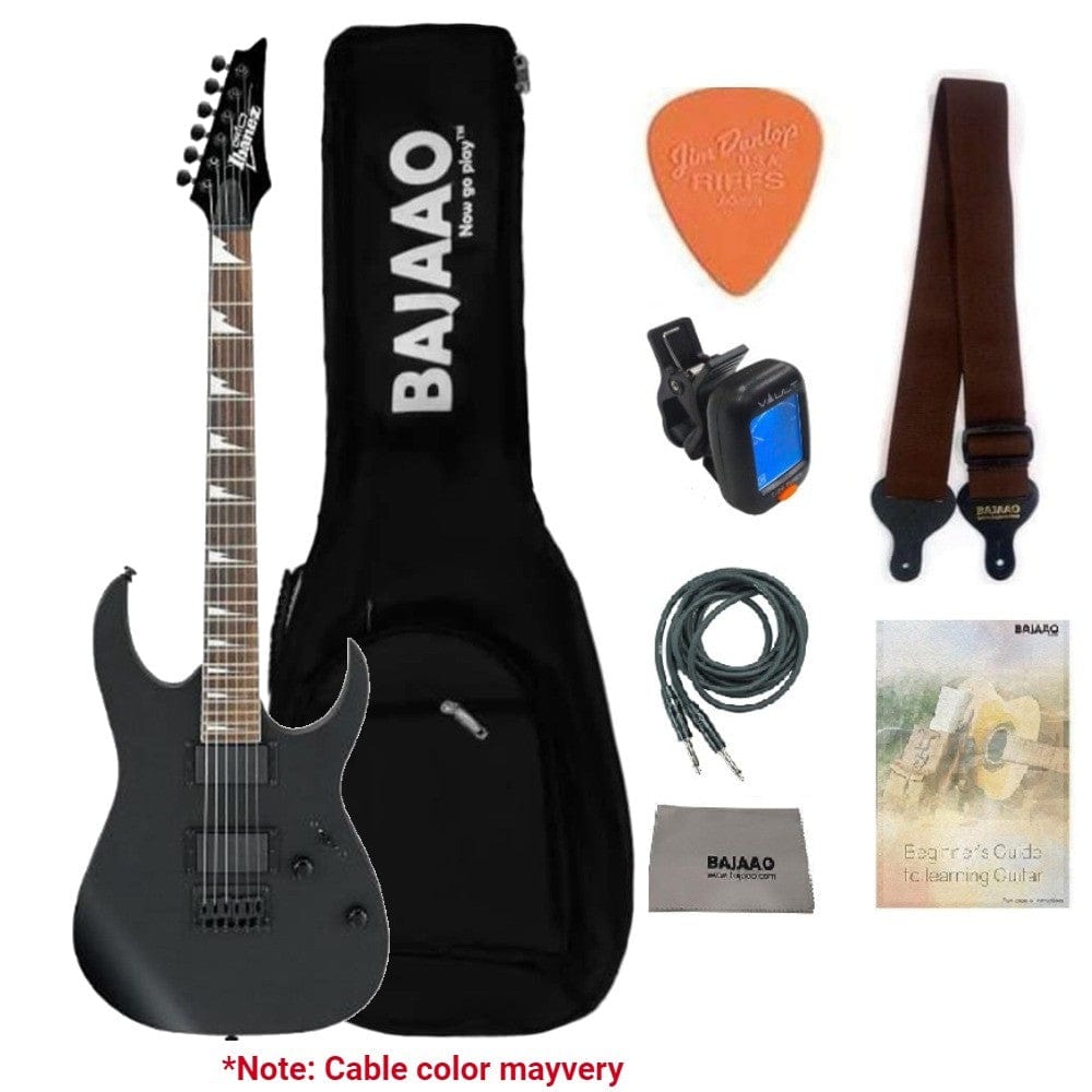 ibanez electric guitars bundles flat black ibanez grg121dx rg gio series electric guitar with gigbag, tuner, strap, picks, polishing cloth, cable & e-book #color_flat-black