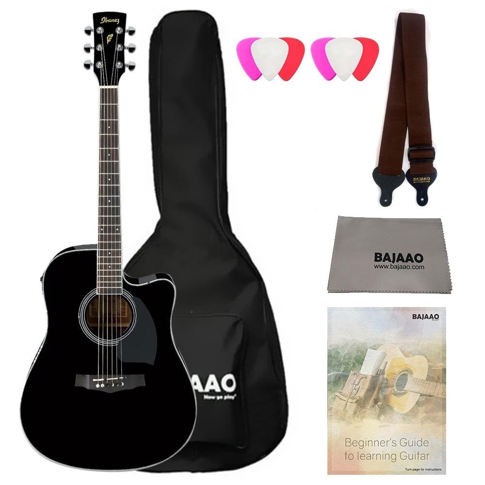 ibanez electro acoustic guitar bundles black high gloss ibanez pf15ece pf performance series cutaway dreadnought electro acoustic guitar bundle with gigbag, picks, strap and polishing cloth #color_black-high-gloss