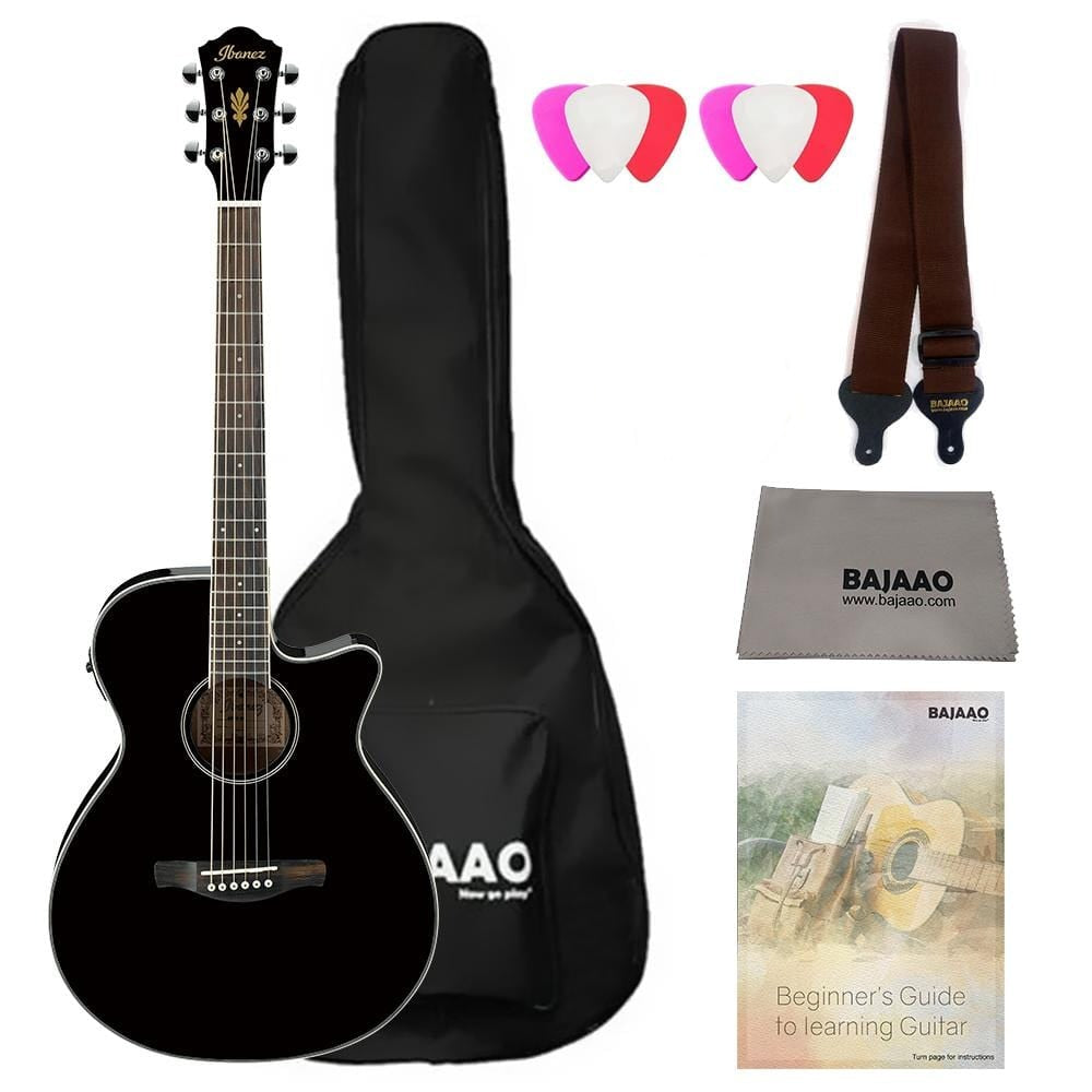 ibanez electro acoustic guitar bundles black ibanez aeg8e electro-acoustic guitar bundle with gigbag, picks, strap and polishing cloth #color_black