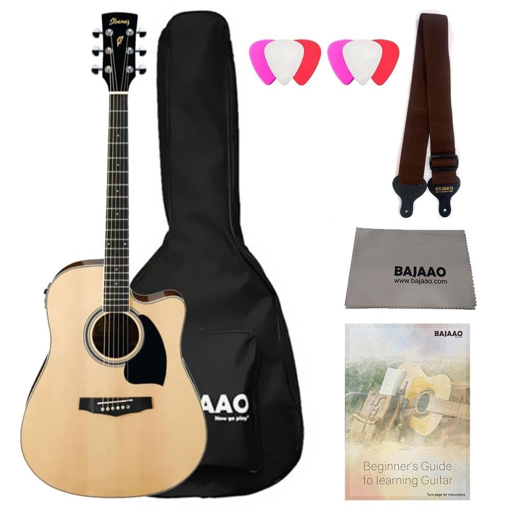 ibanez electro acoustic guitar bundles natural high gloss ibanez pf15ece pf performance series cutaway dreadnought electro acoustic guitar bundle with gigbag, picks, strap and polishing cloth #color_natural-high-gloss