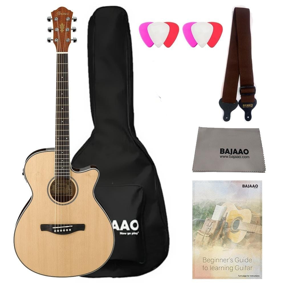 ibanez electro acoustic guitar bundles natural ibanez aeg8e electro-acoustic guitar bundle with gigbag, picks, strap and polishing cloth