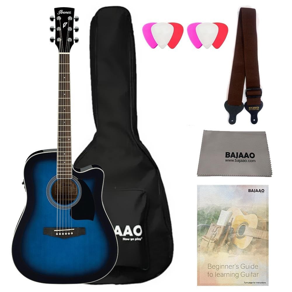 ibanez electro acoustic guitar bundles transparent blue sunburst high gloss ibanez pf15ece pf performance series cutaway dreadnought electro acoustic guitar bundle with gigbag, picks, strap and polishing cloth #color_transparent-blue-sunburst-high-gloss