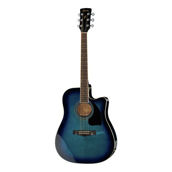 ibanez electro acoustic guitars ibanez pf15ece dreadnought cutaway electro acoustic guitar - transparent blue sunburst