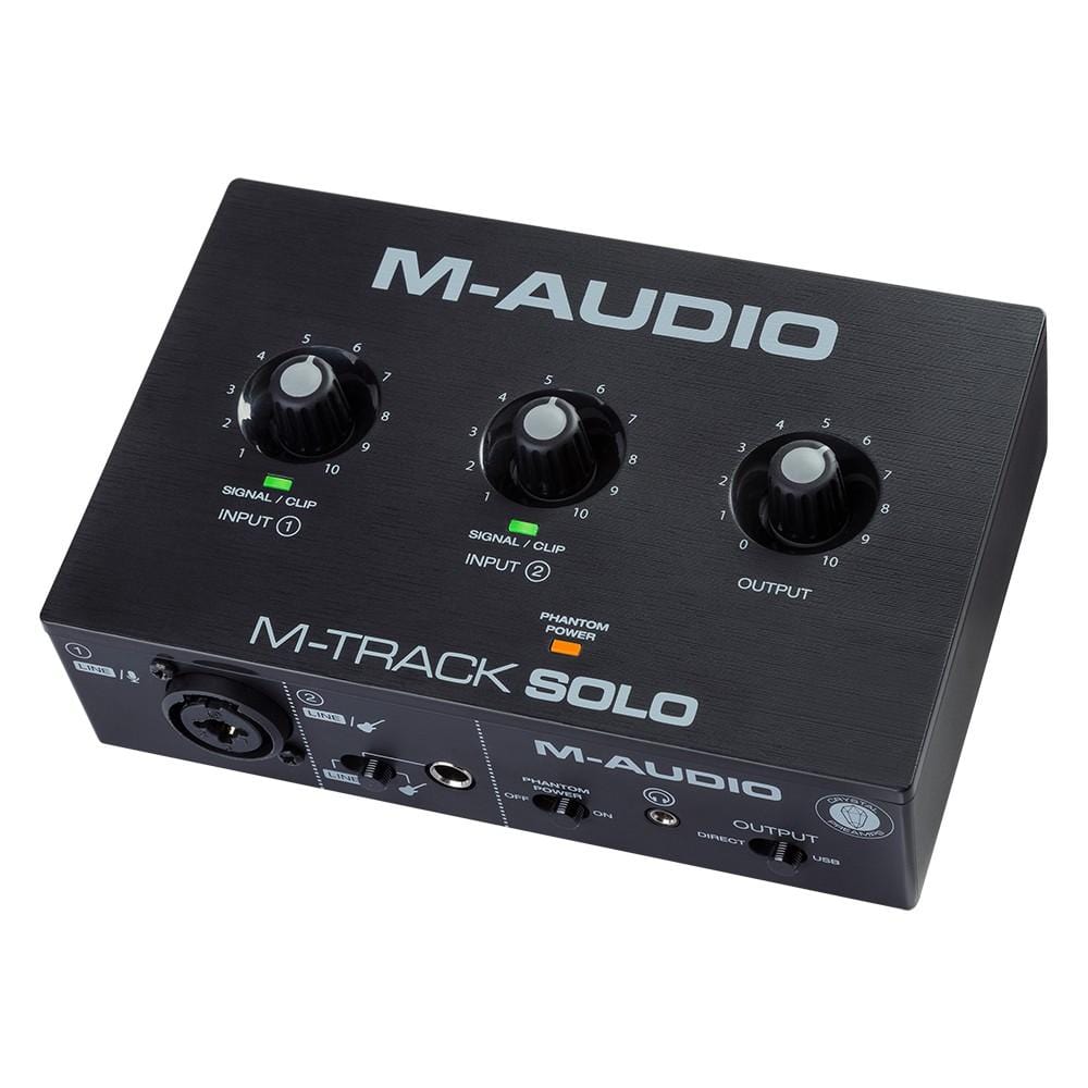m-audio audio interfaces m-audio m-track solo 2-channel usb audio interface with 1 crystal preamp, phantom power & instrument input - open box