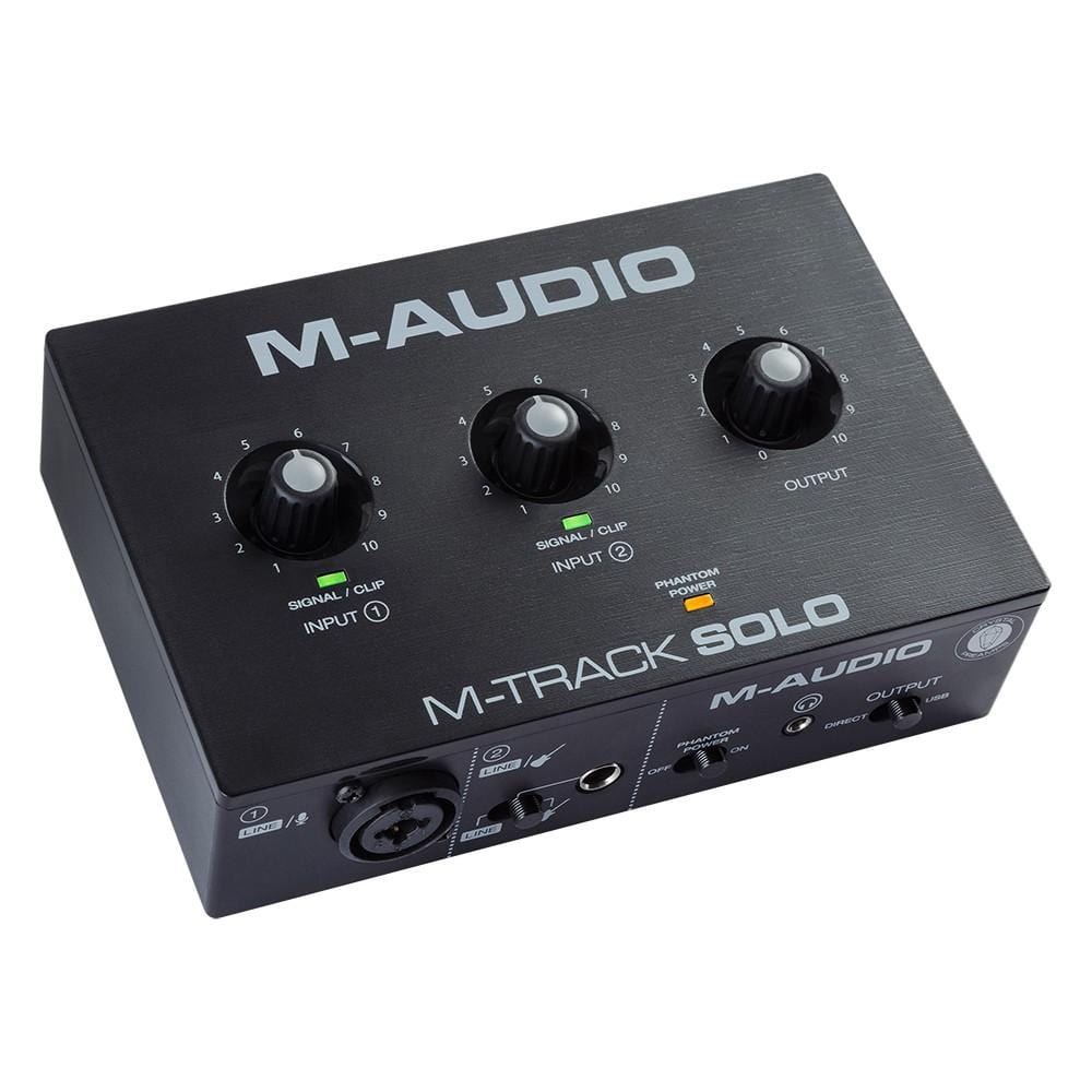 m-audio audio interfaces m-audio m-track solo 2-channel usb audio interface with 1 crystal preamp, phantom power & instrument input - open box
